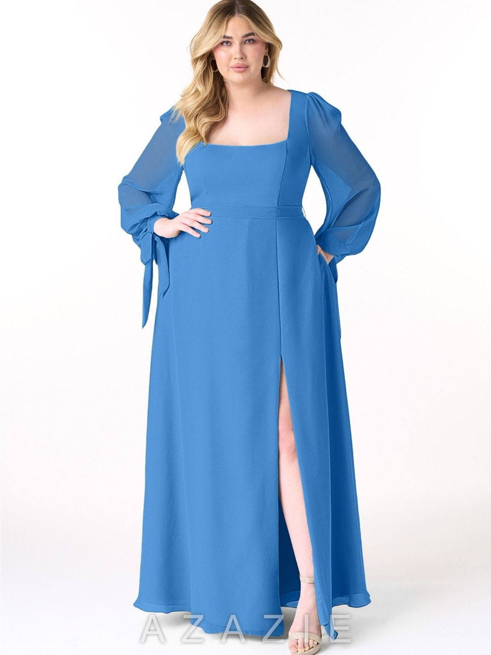 Azazie Leonia Jay Blue Square-Neck Chiffon Gown